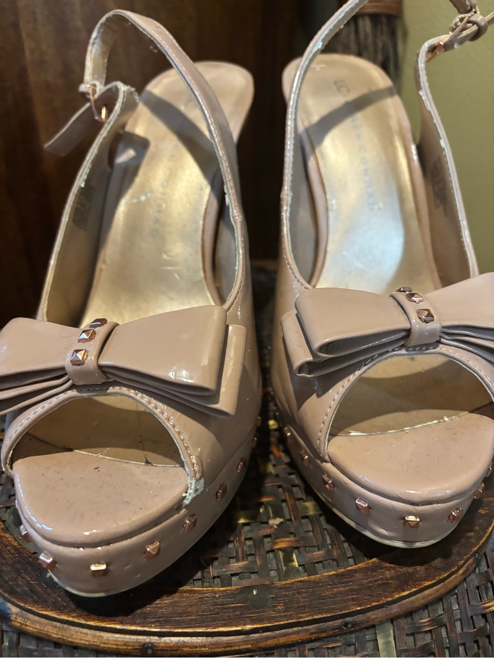 LC Lauren Conrad Blush Patent Peep-Toe Slingback Heels with Bow